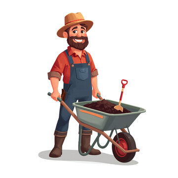 Animated Gardener with Wheelbarrow Illustration on Isolated Transparent Background