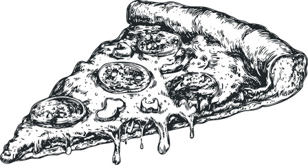 Detailed ink sketch of a savory slice of pizza with dripping cheese and toppings
