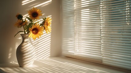 Sunflowers by a Window with Sunlight and Shadows from Blinds / ブラインド越しの光と影、窓辺のひまわり