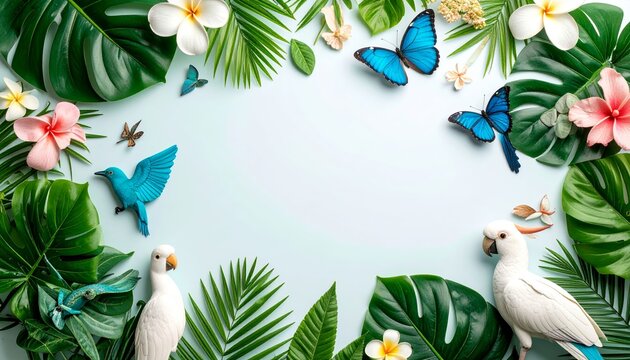 Lush Tropical Paradise: Birds, Butterflies, Flowers, and Greenery Frame Light Background