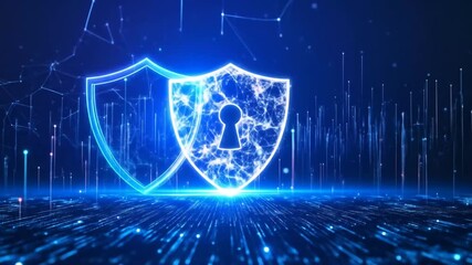 Cybersecurity Visualization with Glowing Shields and Network Connections on Abstract Blue Background - Powered by Adobe
