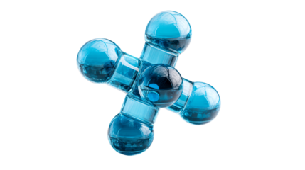 Transparent blue glass molecular structure model against a white background, cut out transparent