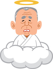 天国で不満そうな表情をするおじいちゃん
