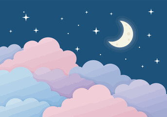 Naklejka premium Pastel Cloudscape at Night with Crescent Moon and Stars.