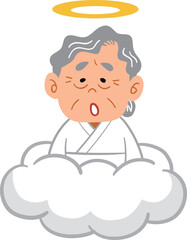 天国で不満そうな表情をするおばあちゃん