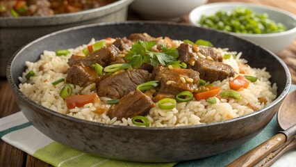 Hearty beef and rice bowl topped with green onions