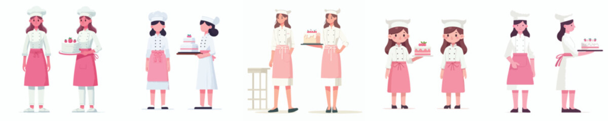 Female Pastry Chef Vector Illustration – Woman Baker with Cake and Pink Apron