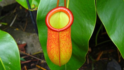 A vibrant pitcher plant hangs, showcasing its red and yellow hues against lush green foliage