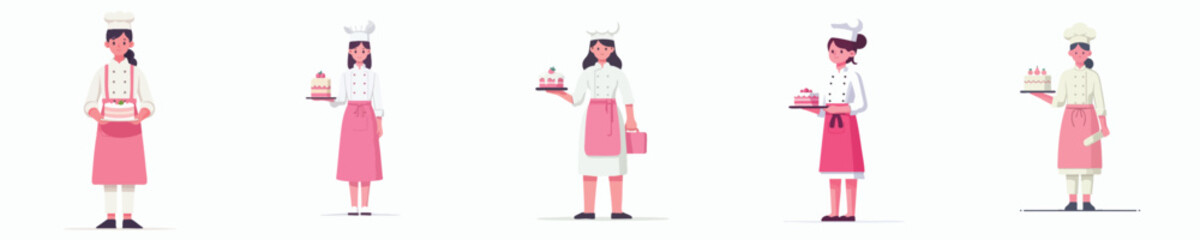 Female Pastry Chef Vector Set – Women Bakers with Cakes and Aprons