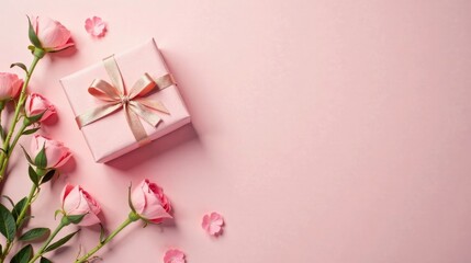 A delicately wrapped gift box with a rose gold ribbon sits amidst a bouquet of pink roses, creating a charming and elegant scene perfect for celebrations or expressions of affection.