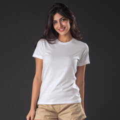 Obraz premium A minimal white t-shirt worn by a young woman on a dark background creates strong contrast, making it an ideal mockup layer for graphic design.