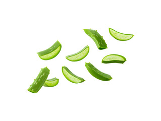 Seven slices of fresh aloe vera floating gracefully in the air
