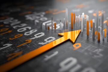 Fototapeta premium 3D render of a stock market growth arrow going up on a graph with numbers and bar lines, an orange arrow pointing upwards,