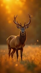 Fototapeta premium Majestic red deer stag basking in golden sunlight , park, countryside, red deer