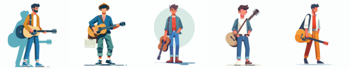 Street Musician Male Characters with Guitar Illustration Set