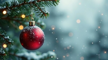A single red glass ornament, dusted with snow, hangs from a snow-laden evergreen branch, illuminated by soft winter lights.