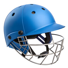 Fototapeta premium Bright blue cricket helmet with silver face guard on black background