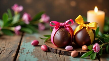 Delightful Chocolate Easter Eggs with Pastel Ribbons and Blossoms on Rustic Wood
