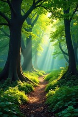 Sun-dappled forest floor, lush green undergrowth, ancient trees casting shadows Perfect for fantasy, nature, or environmental projects Tranquil, serene woodland scene , texture, mystical, lush