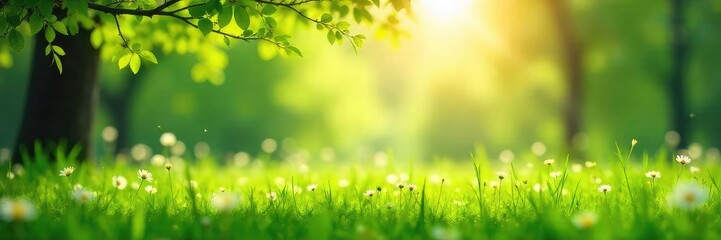Obraz premium Sunlight dapples a lush green meadow, delicate branches reaching towards the sky, creating a tranquil and idyllic scene Perfect for nature, spring, and environmental themes , field, serene, flora