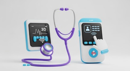 Modern Telehealth: Purple Stethoscope Linking ECG Tablet and Mobile Medical App for Digital Healthcare Connectivity