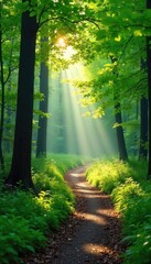 Fototapeta premium Sunlit Forest Path Winding Trail Through Lush Green Canopy, Dappled Light and Shadows, Perfect for Tranquility and Spring Themes