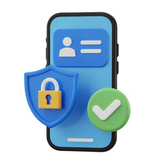 3D Illustration of KYC Verification with Mobile Phone, Shield Lock, and Checkmark Icon