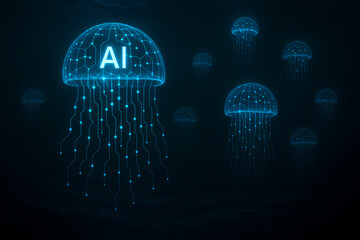 Glowing blue digital jellyfish with AI text and circuit patterns floating in a dark, futuristic environment.