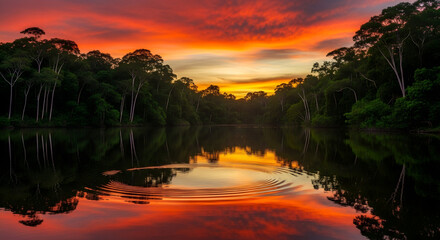 Obraz premium Reflection of a sunset by a lagoon inside the Amazon Rainforest Basin. The Amazon river basin comprises the countries of Brazil, Bolivia, Colombia, Ecuador, Guyana, Suriname, Peru and ... 