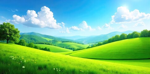 Fototapeta premium Vibrant summer landscape with lush green hills and a clear blue sky, perfect for promoting travel, nature, or outdoor adventures , majestic, green