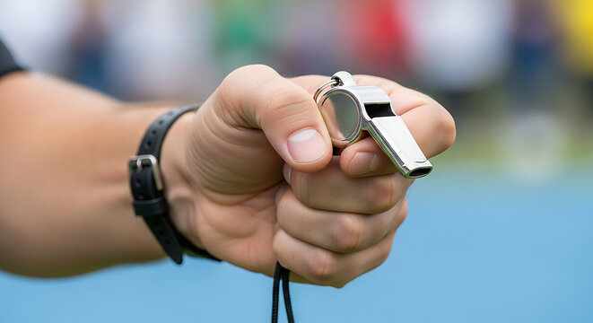Close up of a referee holding a metal whistle ready to blow during a sports match signaling a penalty or game start