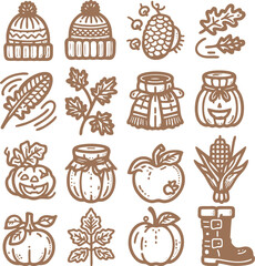 Autumn and Thanksgiving Line Icons  Seasonal Harvest Vector Set