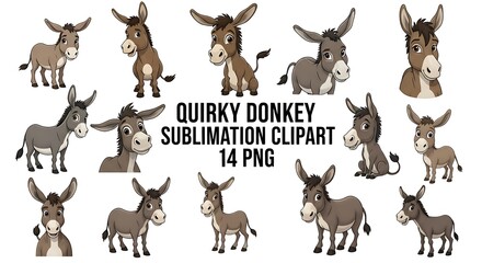 Fototapeta premium Adorable Donkey Clipart Set Featuring Various Poses and Expressions mule animal