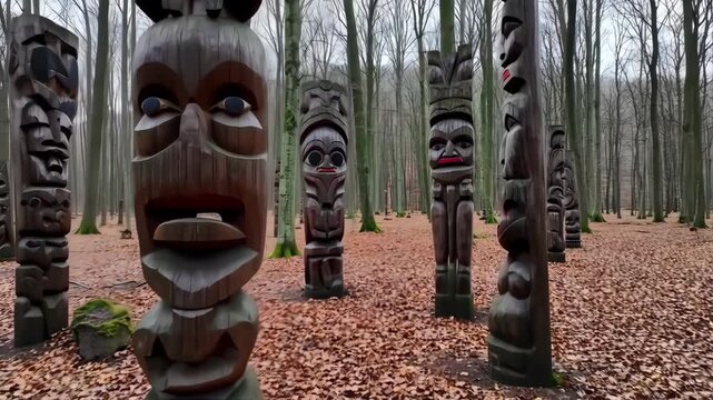 Carved wooden totem poles in a forest