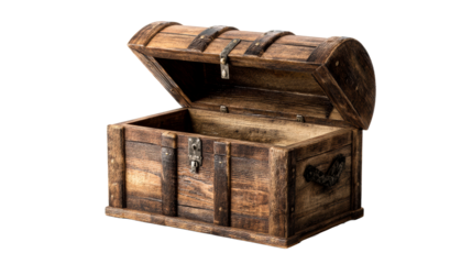 Antique Wooden Chest with Metal Fittings Open on White Background, cut out transparent