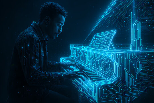 A musician plays a futuristic grand piano that glows with blue digital energy and circuit patterns.