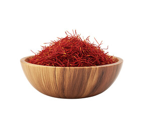 Fototapeta premium Saffron threads in wooden spoon, isolated on white background close-up