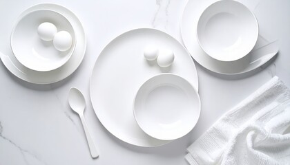 Elegant composition of white tableware and eggs on a marble background minimalist aesthetic