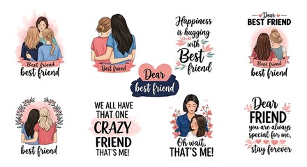 Collection of illustrations celebrating friendship with diverse depictions of women and heartwarming phrases