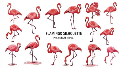 Obraz premium Collection of Pink Flamingo Silhouettes in Various Poses and Styles flamingos bird