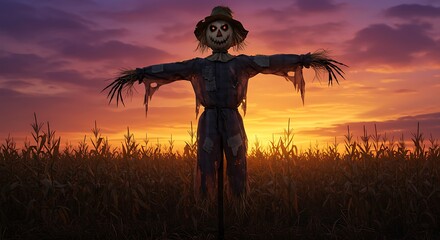 Spooky scarecrow in a cornfield at sunset, Evocative autumn scene featuring a scarecrow with ominous glowing eyes