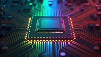 Fototapeta premium Illuminated Motherboard with RGB Lights in Vivid Colors