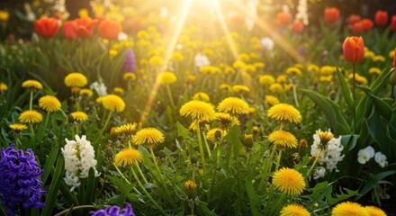 Obraz premium Golden Dandelions and Vibrant Tulips Bathed in Warm Morning Sunlight