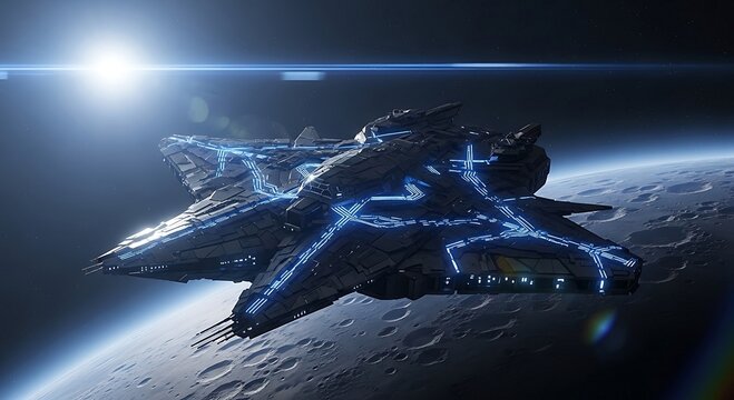 Futuristic Spaceship Orbiting Moon - Sci-Fi Stock Photo:  High-resolution image of a sleek, technologically advanced spaceship soaring above a cratered lunar surface. Perfect for science fiction,.