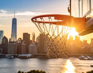Sunset Basketball Hoop NYC Skyline.