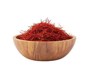 Fototapeta premium Saffron threads in wooden spoon, isolated on white background close-up