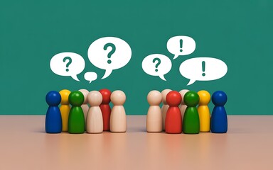 Diverse group of wooden figures with speech bubbles indicating dialogue, questions, and ideas; concept of communication, teamwork, and problem-solving in a creative environment