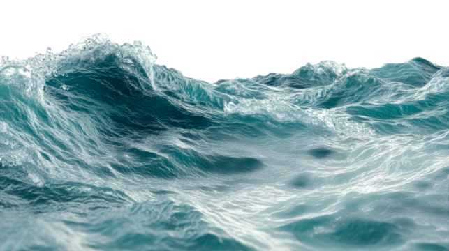 Dynamic ocean waves with foam and spray against a white background, cut out transparent