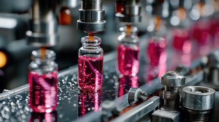 Industrial production line with transparent bottles containing pink liquid, metal dispensing equipment filling bottles on conveyor belt