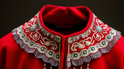 Embroidered charro jacket collar with silver details, showcasing rich red fabric and cultural elegance.